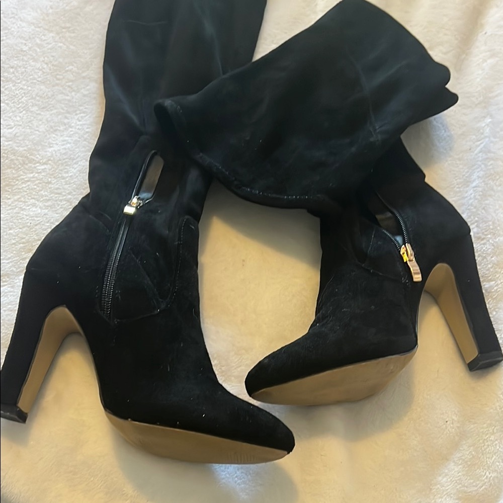 Black Suede Heeled Boots with Tall Shaft